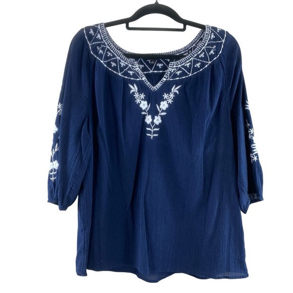 Talbots Dark Blue 100% Cotton Blouse Top Tunic with White Embroidery Sz Large - Picture 1 of 10
